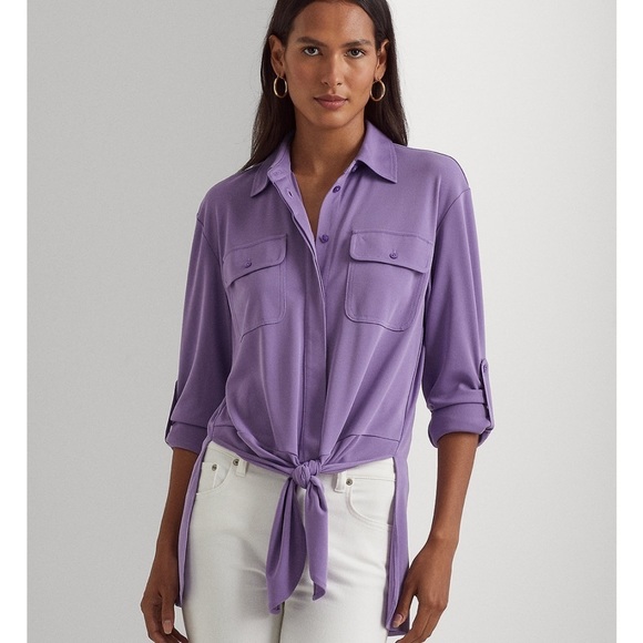 Lauren Ralph Lauren Women's Tie-Front Stretch Jersey Shirt NWT Large - Picture 2 of 9